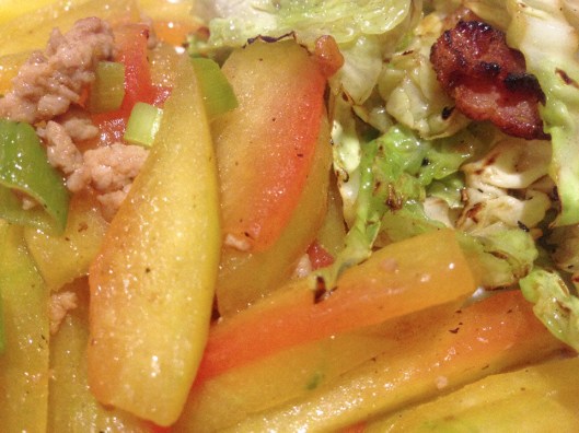 finished, served along with stir-fried bacon and cabbage